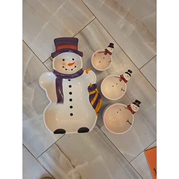 Snowman Ceramic Serving Dish Set 4 Pieces Holiday Christmas Bowls Platte - Picture 4 of 16